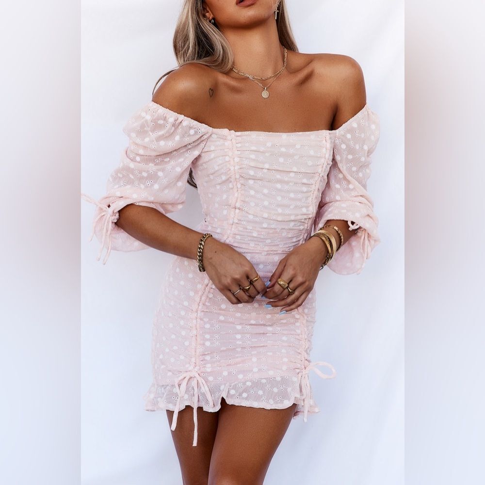 NEW Hello Molly Blush Pink Floral Embroidered Ruched Mini Dress Bishop Sleeves